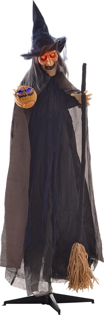 Gruselige Hexe mit Besen - Leuchtende Augen, Geräusche, Biegsame Arme, 107x65x190 cm Halloween-Dekoration
