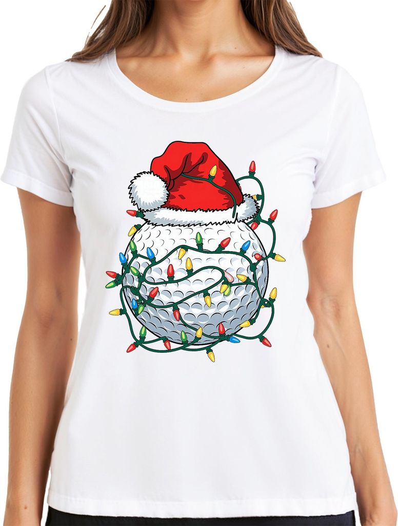 Weihnachten Golfball mit Mütze und Lichtern Golf Geschenk Idee Damen T-Shirt, Weiß, L