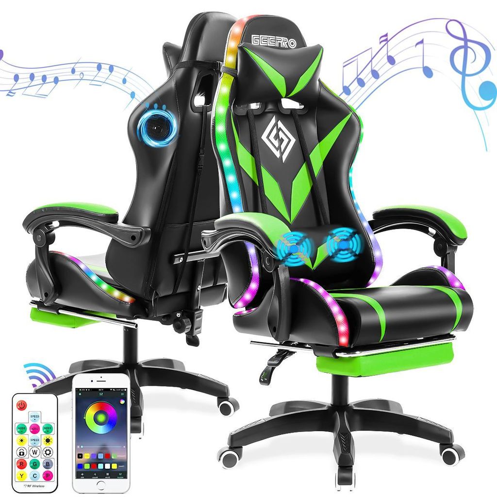 Hoffree Gaming Stuhl Ergonomisch mit 2-Punkt Massagefunktion Bluetooth Lautsprecher RGB Licht PC Bürostuhl, Grün Schwarz
