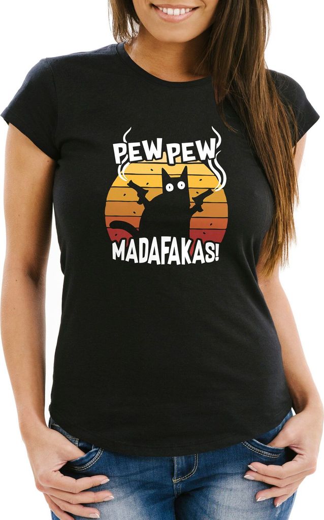 Damen T-Shirt Pew Pew Madafakas Katze Western Cat Meme Slim Fit Moonworks schwarz 3XL