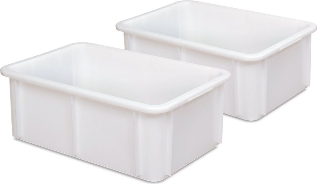 Two white plastic storage containers are shown on a white background.