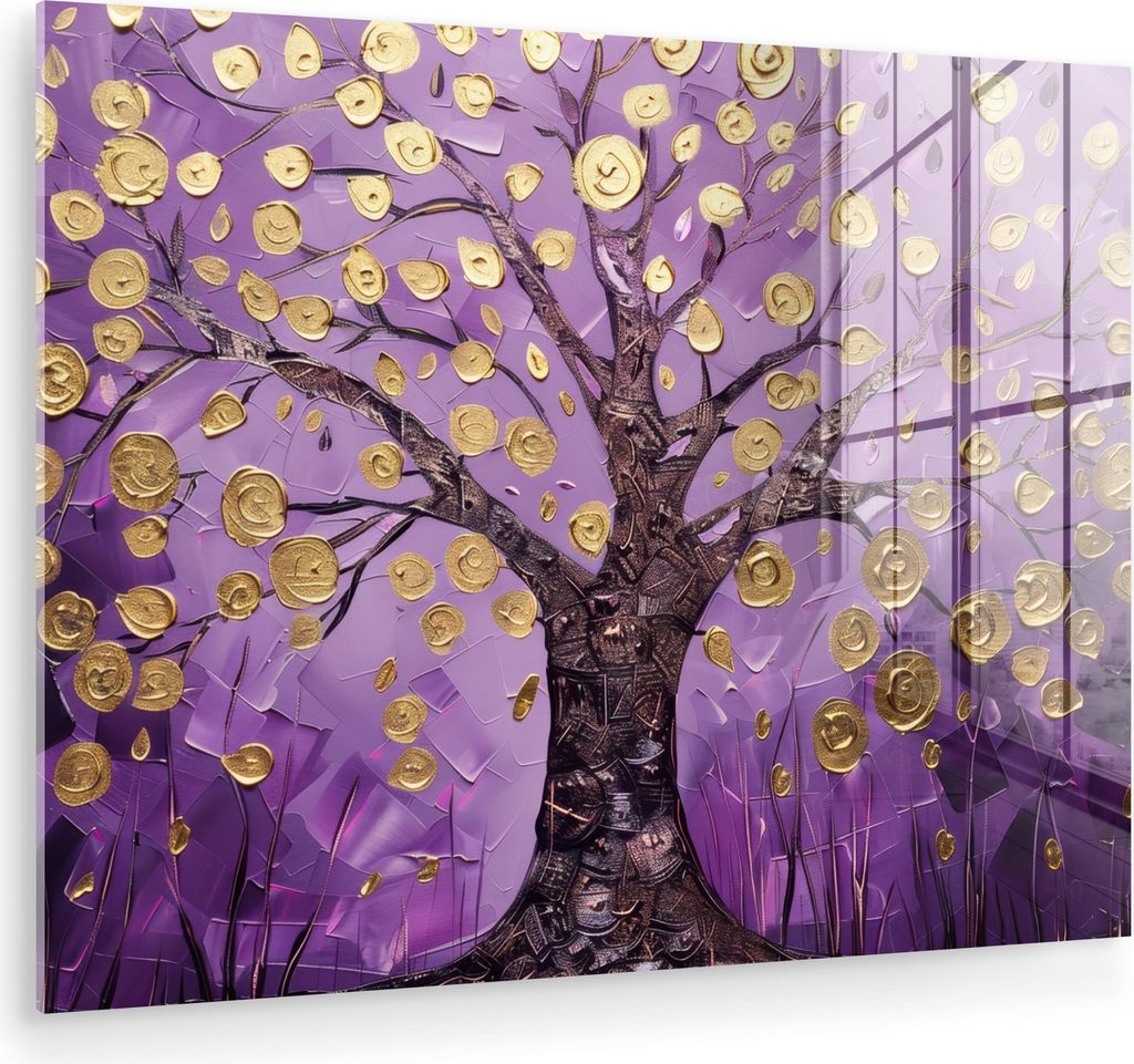 MuchoWow Glasbilder - Bilder auf Wandbild - Foto auf Glas Baum des Lebens - Baum - Lila - Gold - Modern 40x30 cm Wanddekoration aus Glas - Acrylgla...