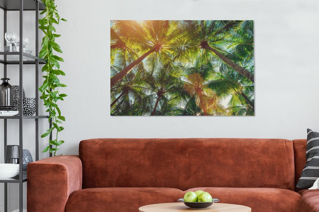 OneMillionCanvasses - Leinwandbilder - 140x90 cm, Blätter - Palme - Sonne, Wandbilder Kunstdruck Wanddekoration
