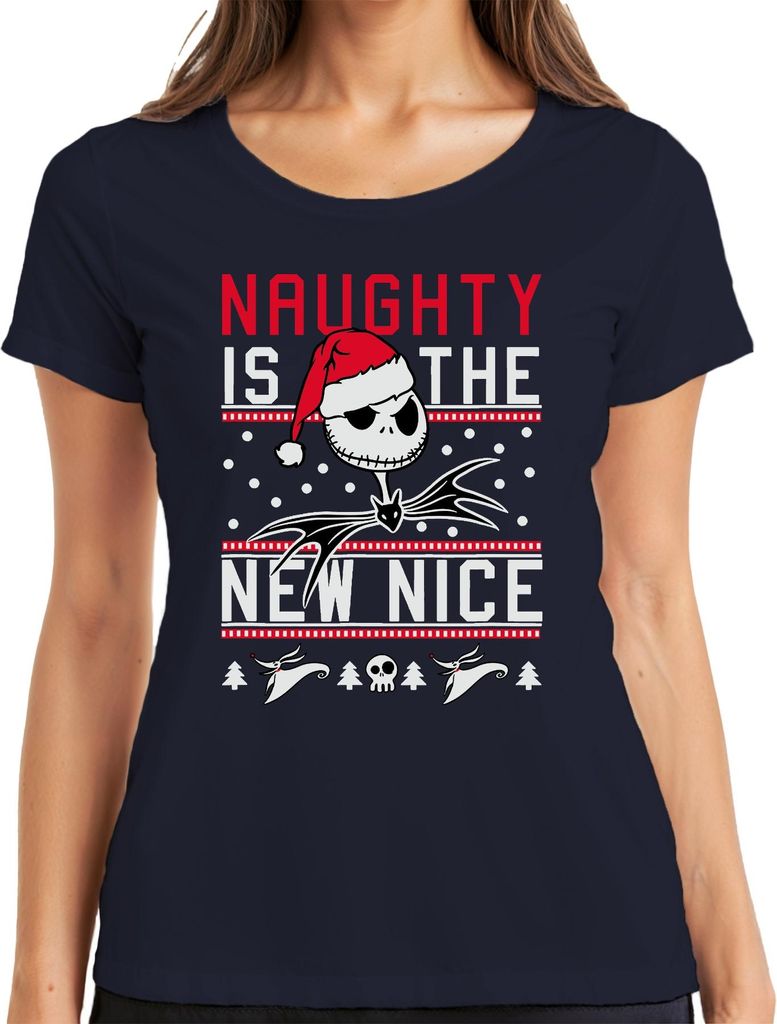Naughty is the New Nice Weihnachten Ugly Sweater Jack Skellington Damen T-Shirt, Navy, XXL