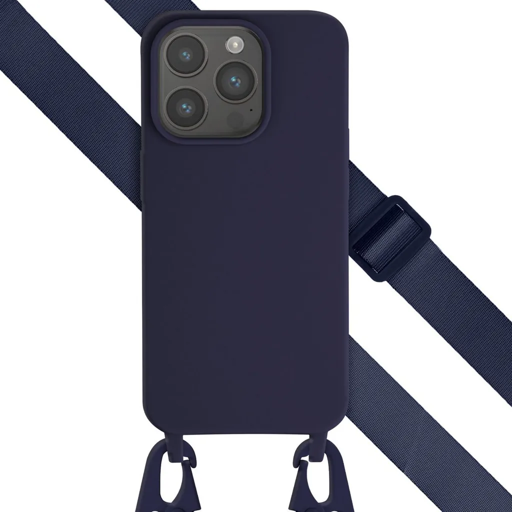 Cover iPhone 15 Pro Selencia Blu Scuro: Eleganza con Tracolla