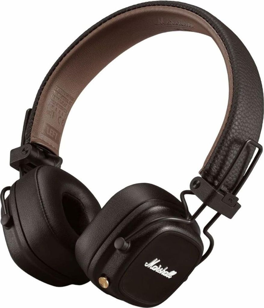A pair of black Marshall Major IV on-ear Bluetooth headphones with a brown headband, shown from a diagonal angle against a white background.