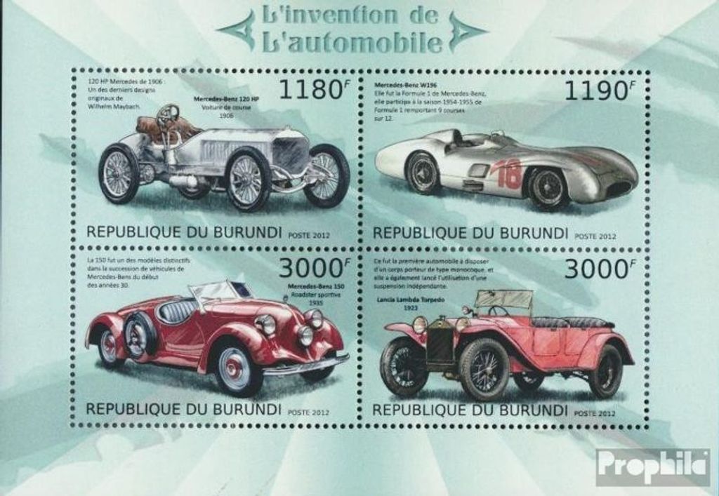 Briefmarken Burundi 2012 Mi 2888-2891 Kleinbogen (kompl.Ausg.) postfrisch Historische Personenkraftfahrzeuge