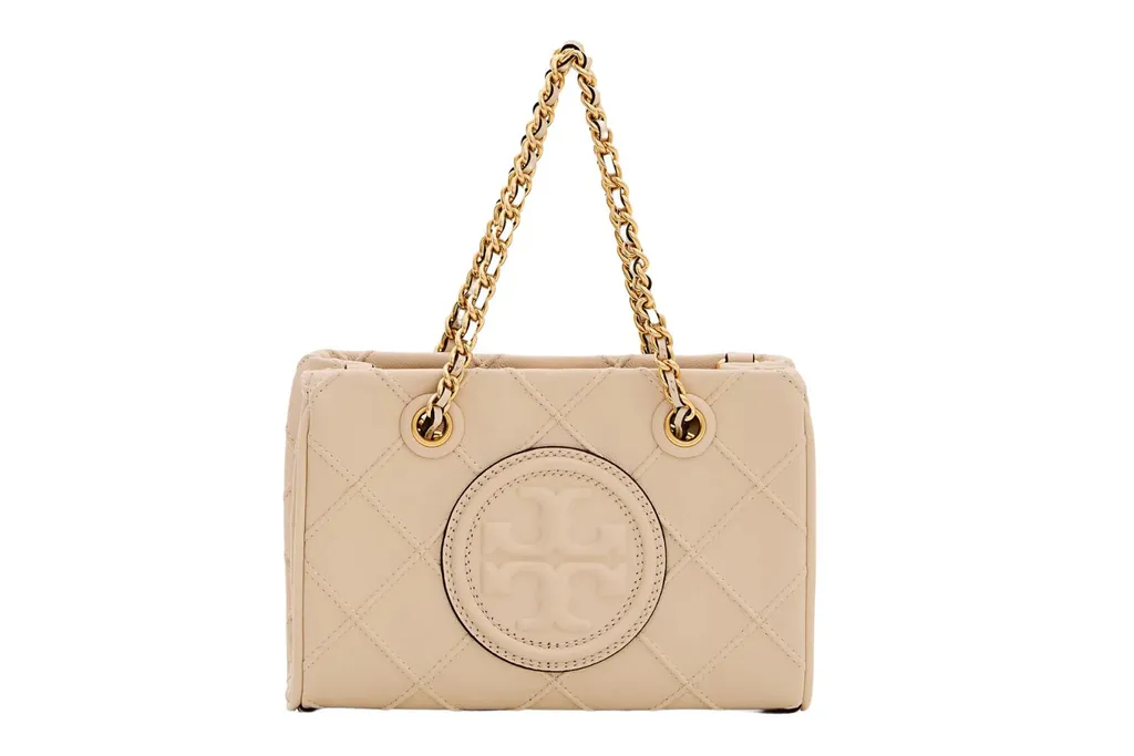 Petit Sac Cabas Tory Burch Fleming Soft Beige avec bandoulière chaîne