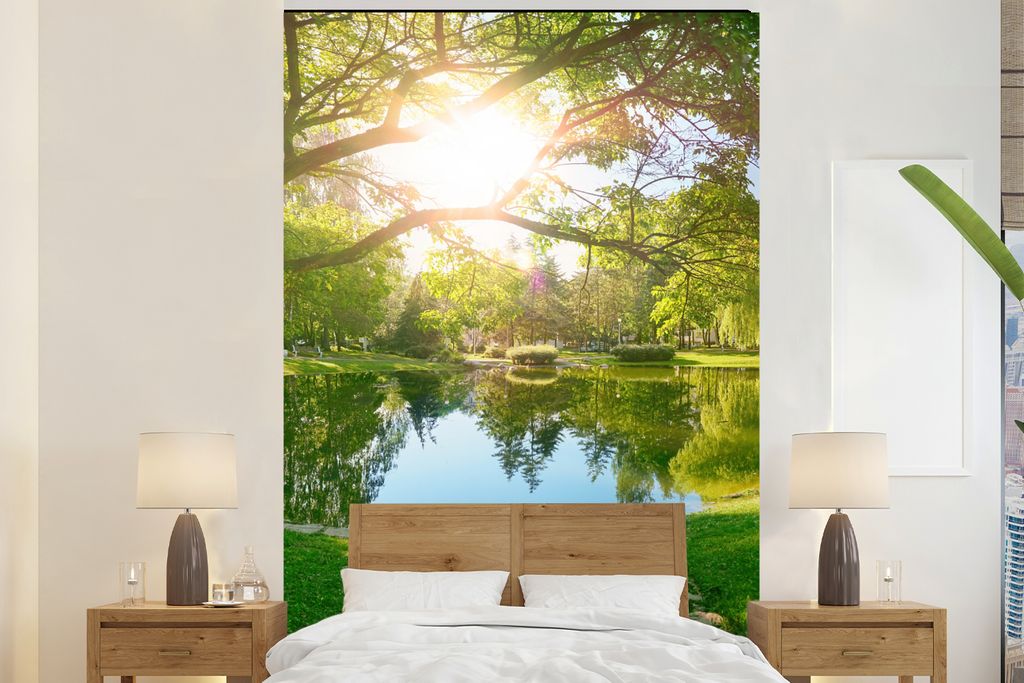 MuchoWow Fototapete für Wohnzimmer oder Schlafzimmer Wandtapete Vinyl Motivtapete Bäume - See - Sonne - Gras - Natur - 200x300 cm - Wanddekorat...