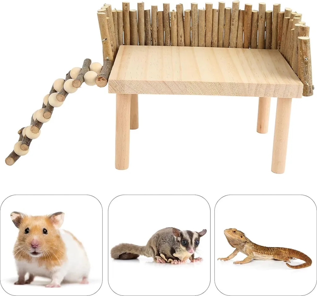 Plateforme avec échelle pour hamsters et petits rongeurs en bois naturel
