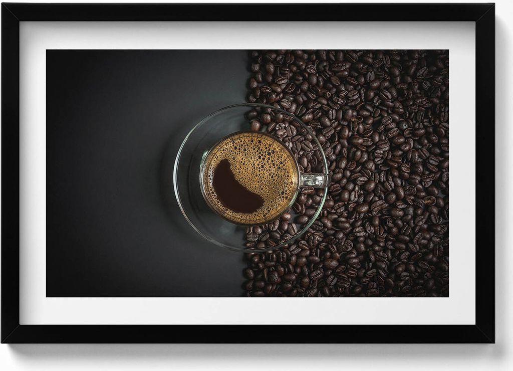 Kaffee und Bohnen– Wandbild mit Rahmen – Gerahmtes Bild – Wanddekoration – 60x40 cm – Schwarz Rahmen