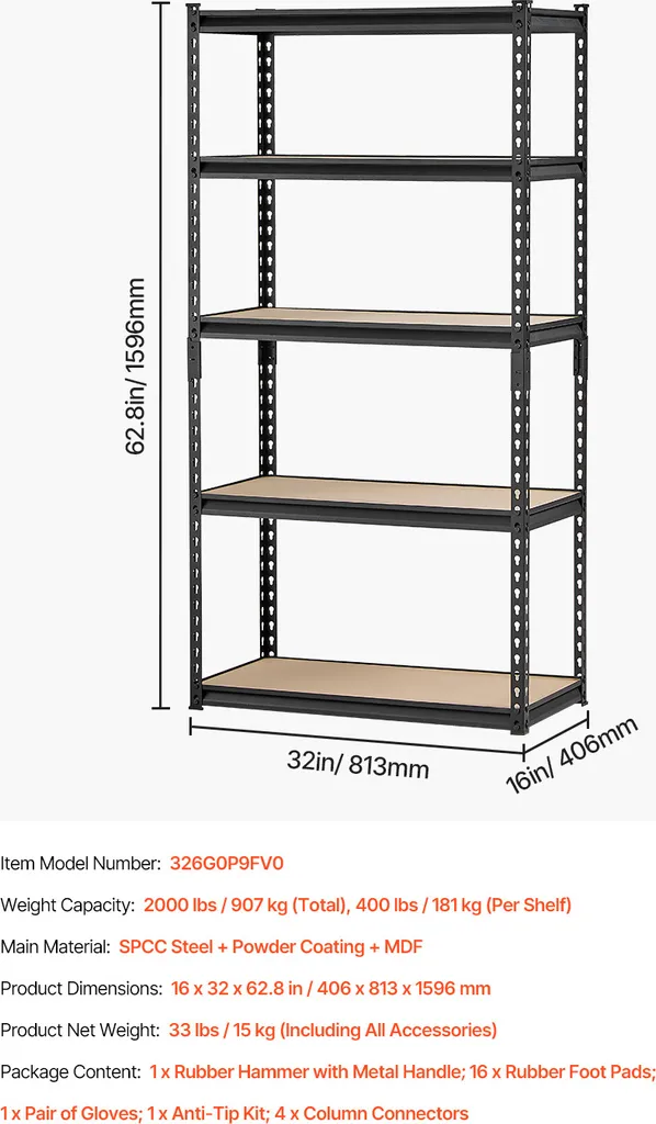 Rayonnage de Garage 5 Tablettes Modulables en Acier Noir VEVOR