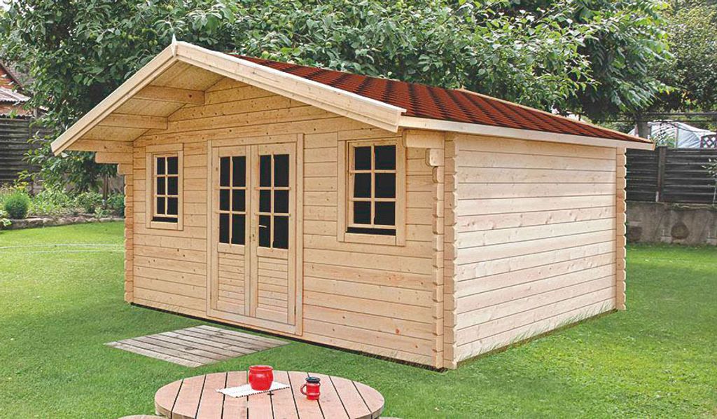 Holz-Gartenhaus 3,98 x 4,98 Meter (inkl. Dach) | Naturbelassen | Satteldach | 34 mm Blockbohlen-Haus