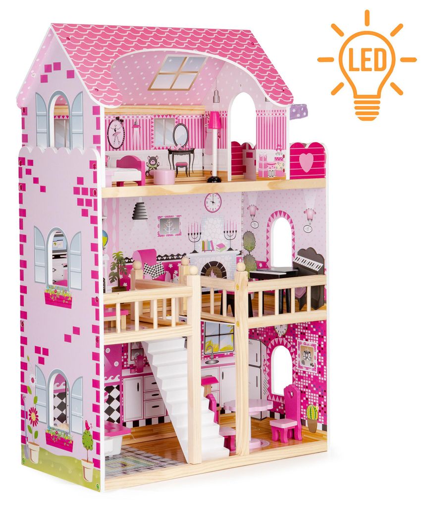 Holzpuppenhaus mit Möbeln und LED-Beleuchtung von ECOTOYS Produktbild 