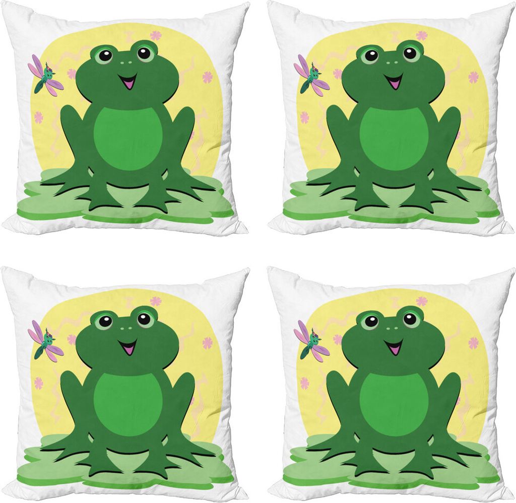 ABAKUHAUS Frösche Kissenbezug Set (4 Stück), Childish Konzept Teich Tier, Moderner Doppelseitiger Digitaldruck, 60 cm x 60 cm, Grün Gelb