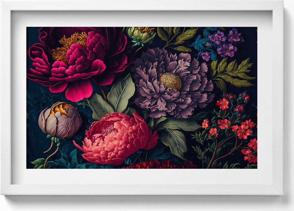 Vintage Bouquet von botanischen Blumen– Wandbild mit Rahmen – Gerahmtes Bild – Wanddekoration – 60x40 cm – Schwarz Rahmen