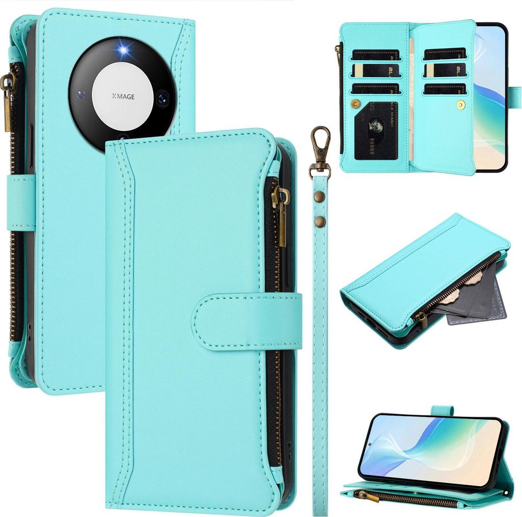 Handyhülle für Huawei Mate 60 Pro/Mate 60 Pro+ Reißverschluss Geldbörse Kunstleder Klapphülle mit Kartensteckplatz, Ständer, Handschlaufe Tü...