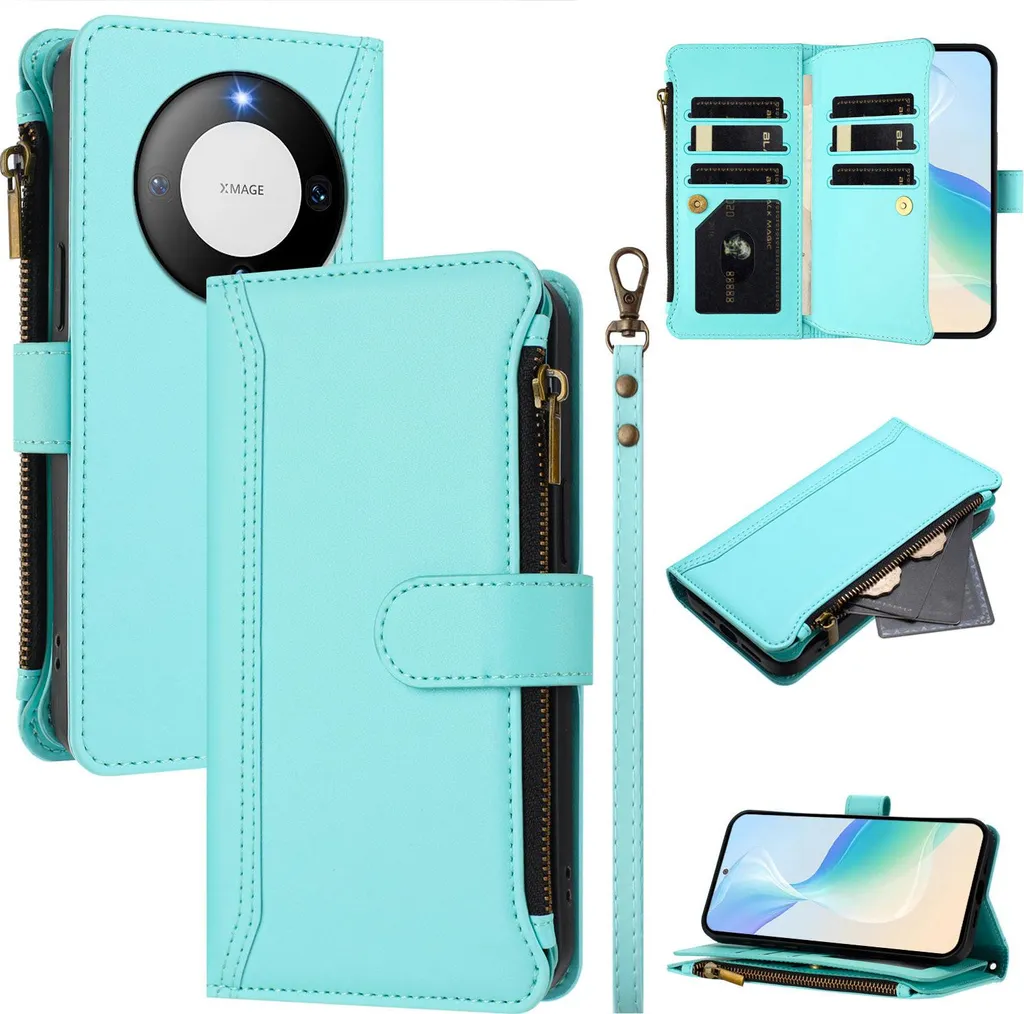 Custodia per Huawei Mate 60 Pro/Mate 60 Pro+, con cerniera, portafoglio, custodia flip in Finto cuoio con tasche per carte, supporto e passante per la mano verde menta