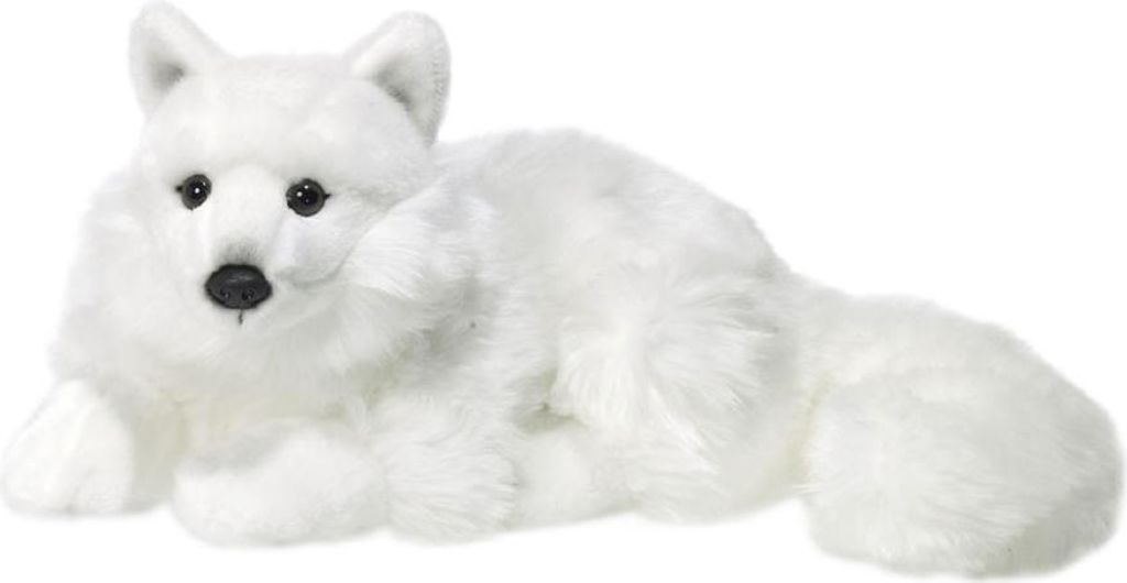 A plush toy arctic fox lying down on a white background.