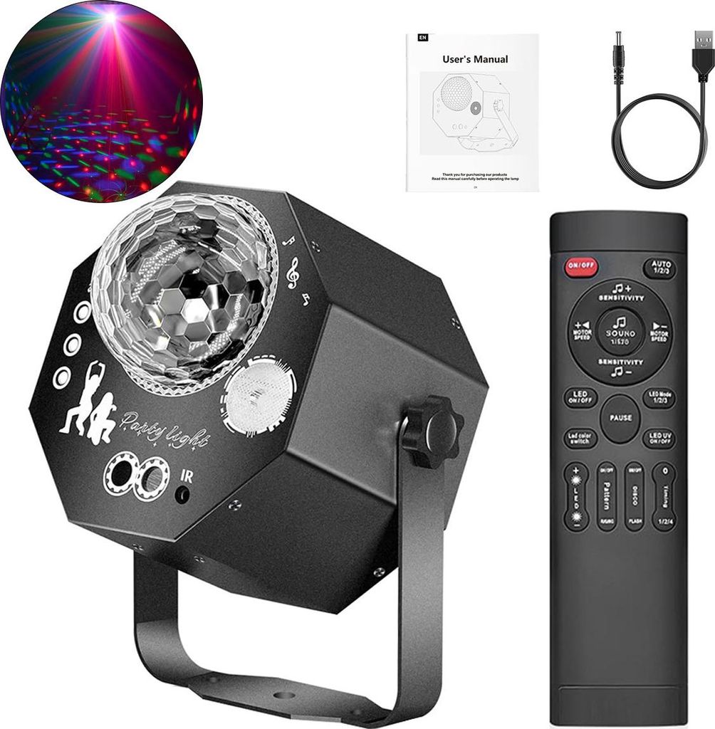 4-in-1 Disco Magic Ball Licht, Laser + UV + LED Effekte, Party & DJ Beleuchtung, USB 5V kompatibel