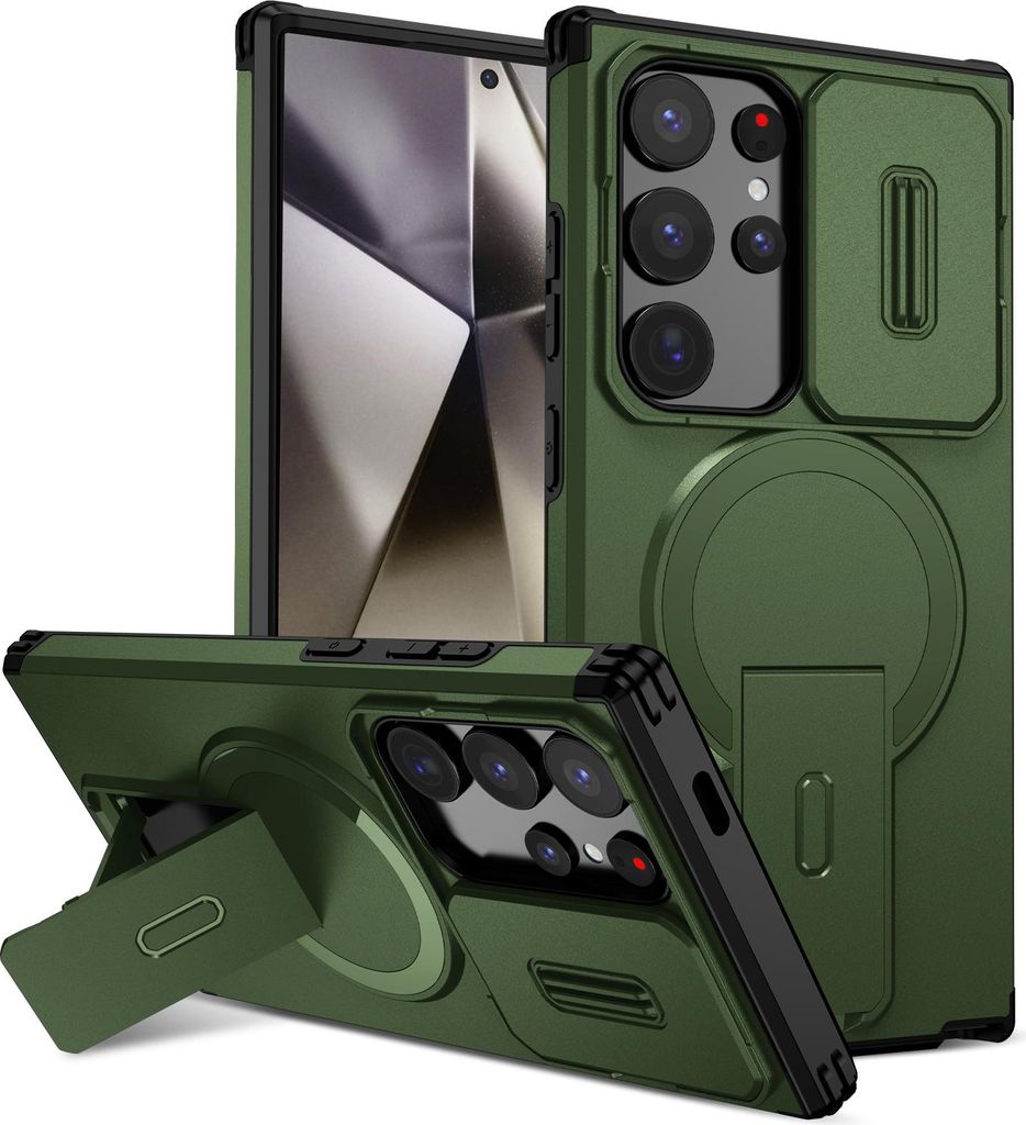 Magnetisch Hülle für Samsung Galaxy S24 Ultra, Dual Layer Stoßfest Handyhülle mit Dia Kameraschutz, Verstellbarem Ständer Grün