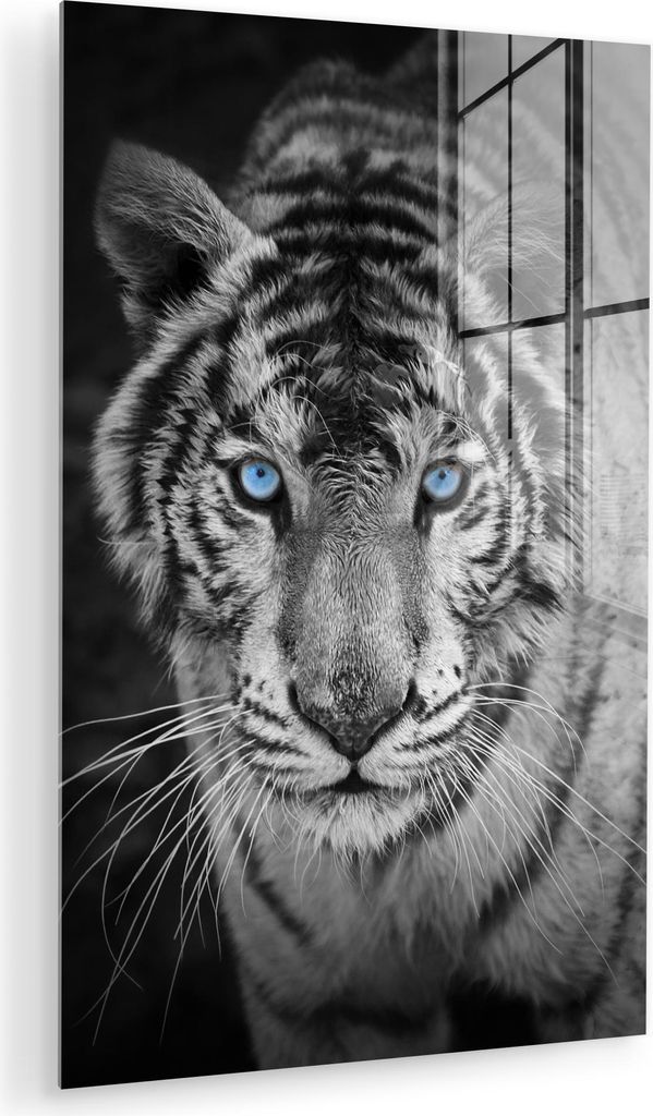 MuchoWow Glasbilder - Bilder auf Wandbild - Foto auf Glas Tiere - Tiger - Schwarz und weiß - Augen - Blau 40x60 cm Wanddekoration aus Glas - Acryl...
