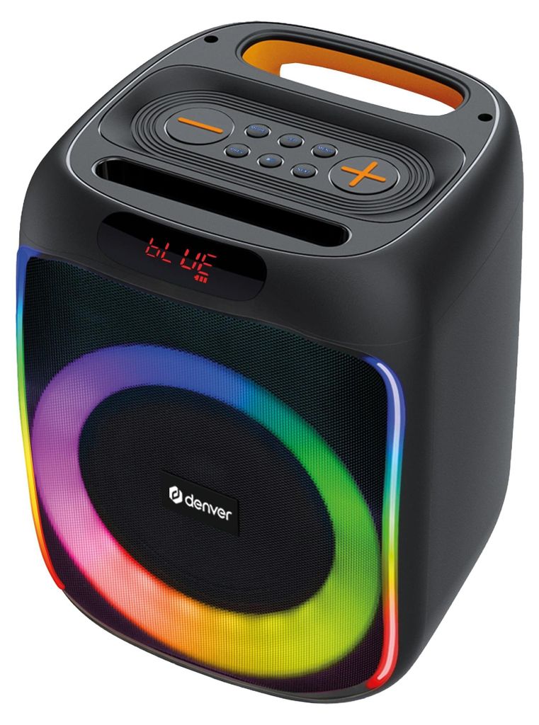 A black portable Bluetooth speaker with colorful LED lights and an orange handle.