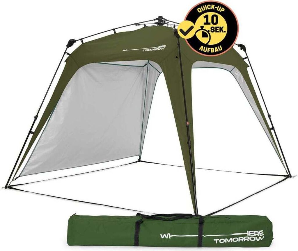 A green pop-up pavilion is shown set up on a white background, with its carrying bag lying in front of it.