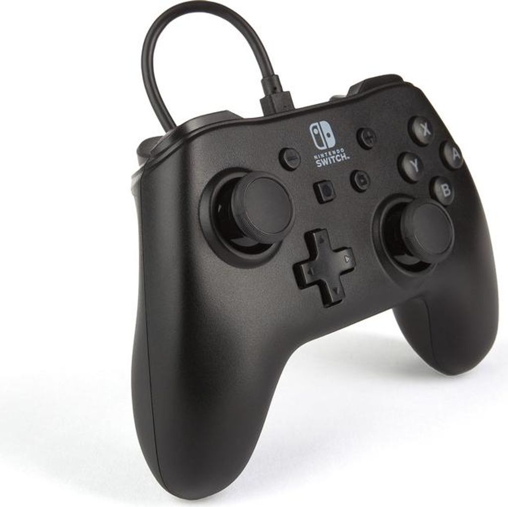 A black Nintendo Switch controller is shown from a diagonal angle against a white background.