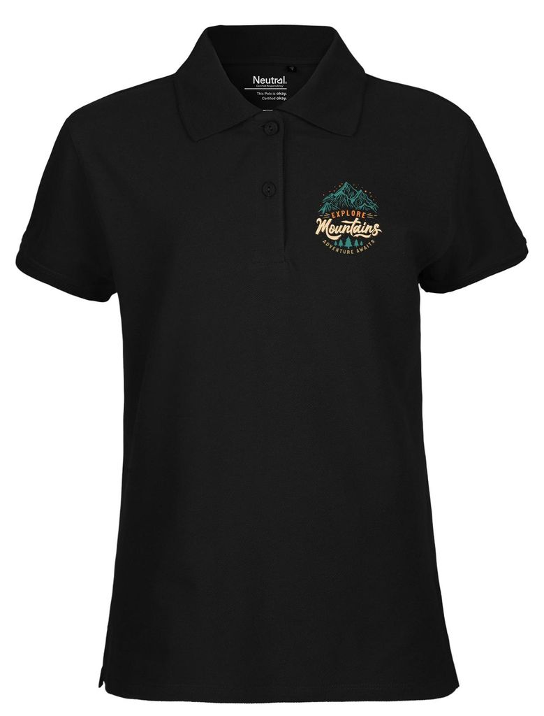Huuraa Damen Polo Shirt Explore Mountains Adventure Awaits XL Black Bio Baumwolle Fairtrade Poloshirt Geschenkidee