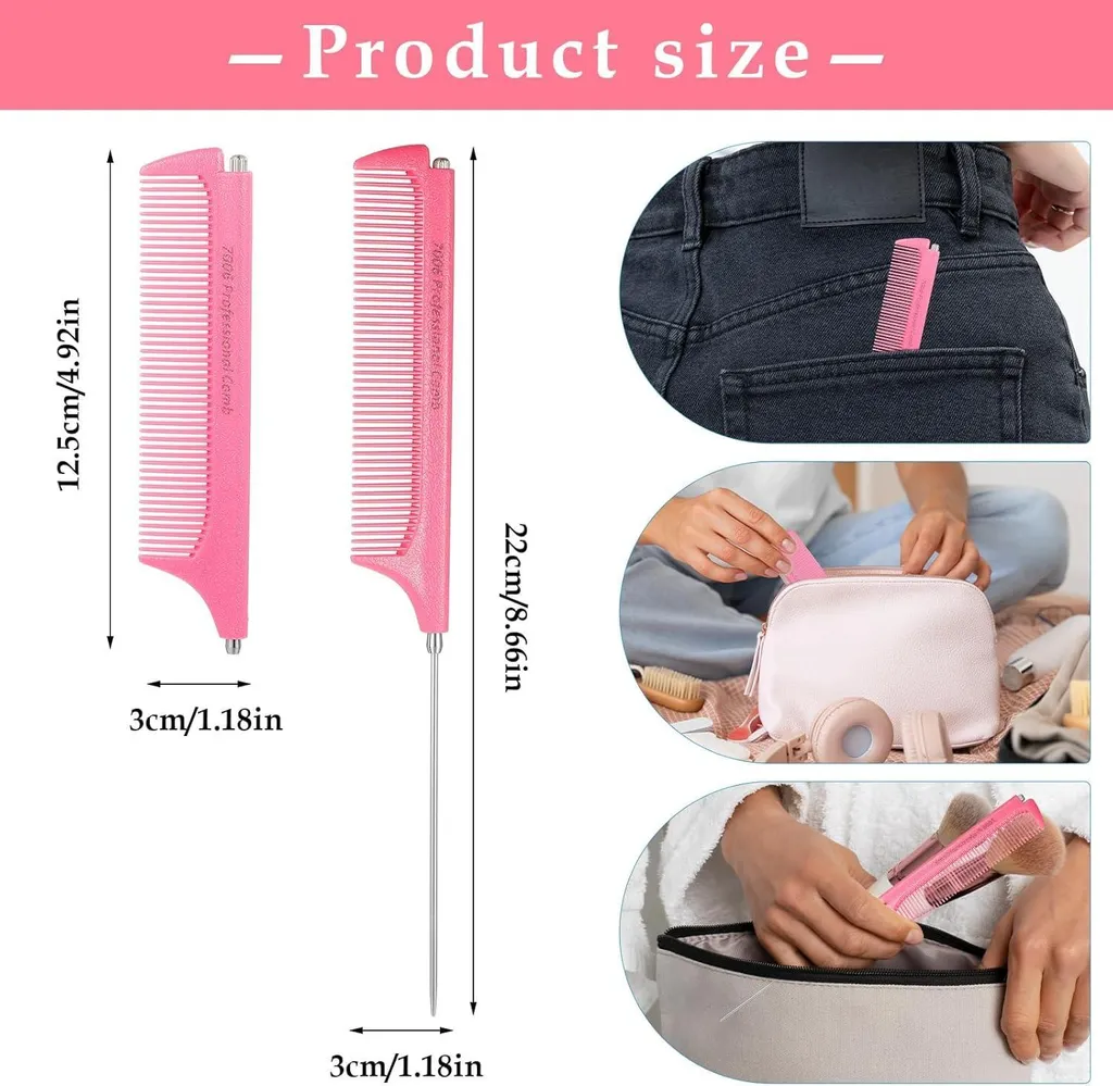 Peigne à queue télescopique en acier inoxydable rose antistatique - 2