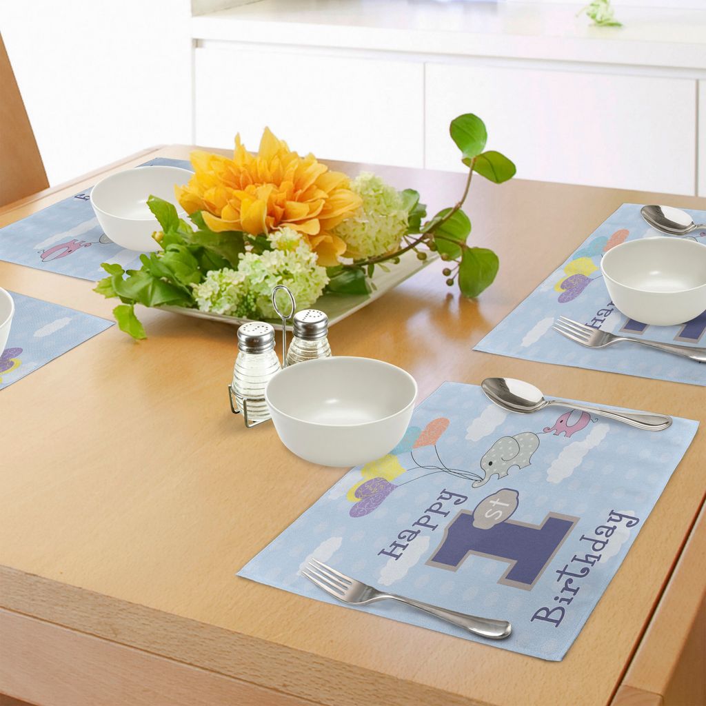 ABAKUHAUS 1. Geburtstag Platzmatten, Netter Elefant im Himmel mit Hand gezeichnetem Art-Ballon-Parteithema, Tiscjdeco aus Farbfesten Stoff für das...