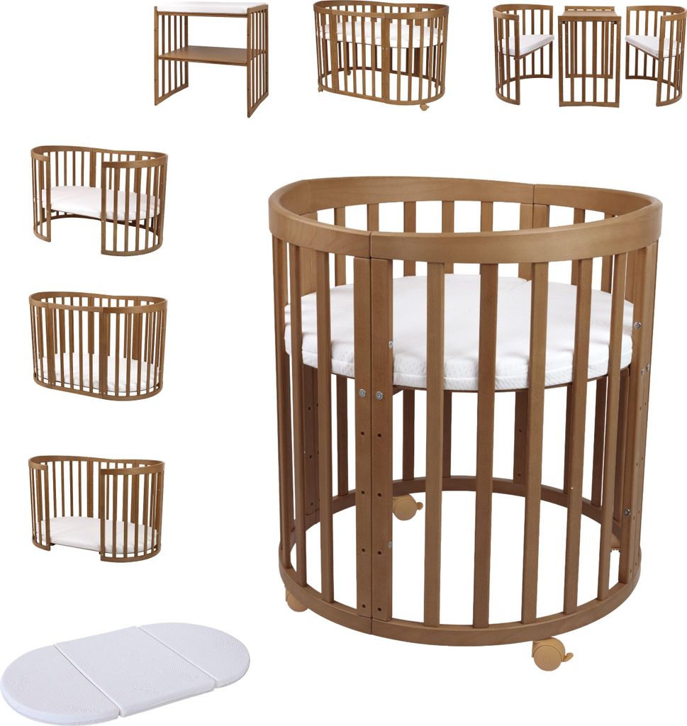 Mobiles Babybett OWAL aus Holz 7in1 mit Matratze, mitwachsend,Ohne Stoffset,Holz vintage