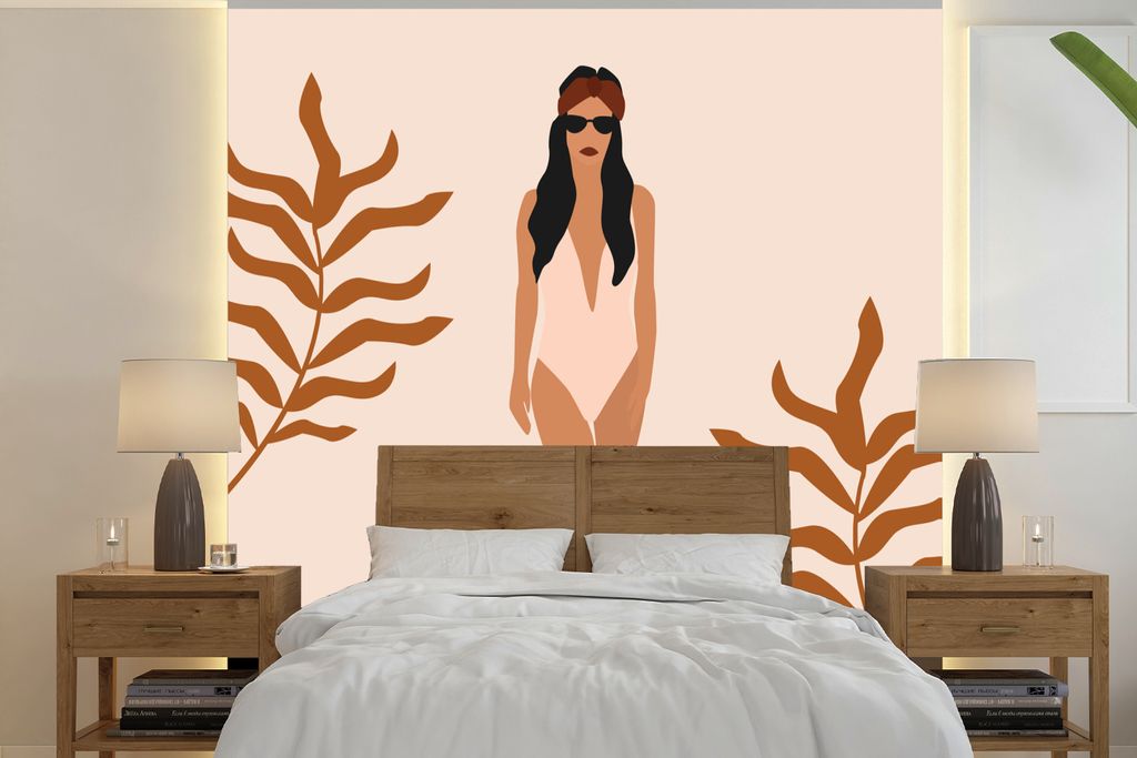 MuchoWow Fototapete für Wohnzimmer oder Schlafzimmer Wandtapete Vinyl Motivtapete Sommer - Badeanzug - Blätter - 260x260 cm - Papiertapeten