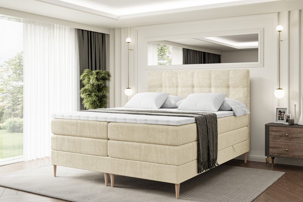 ALTDECOR Boxspringbett mit Holz Füßen, Matratze und Lattenrost, Topper, Polsterbett mit Bettkasten, Bett mit Stauraum H3- und H4- Matratze, Doppe...