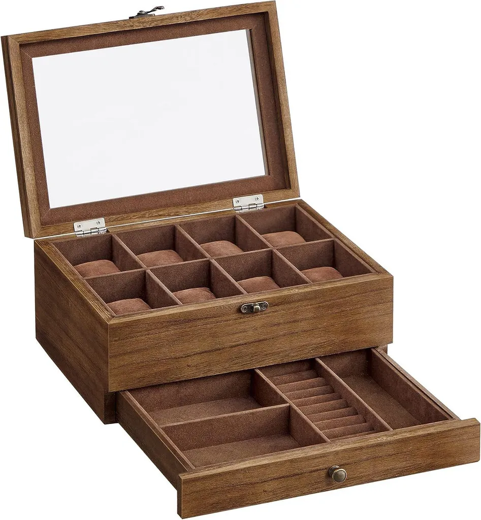 Boîte à montres et bijoux en bois rustique avec tiroir intégré