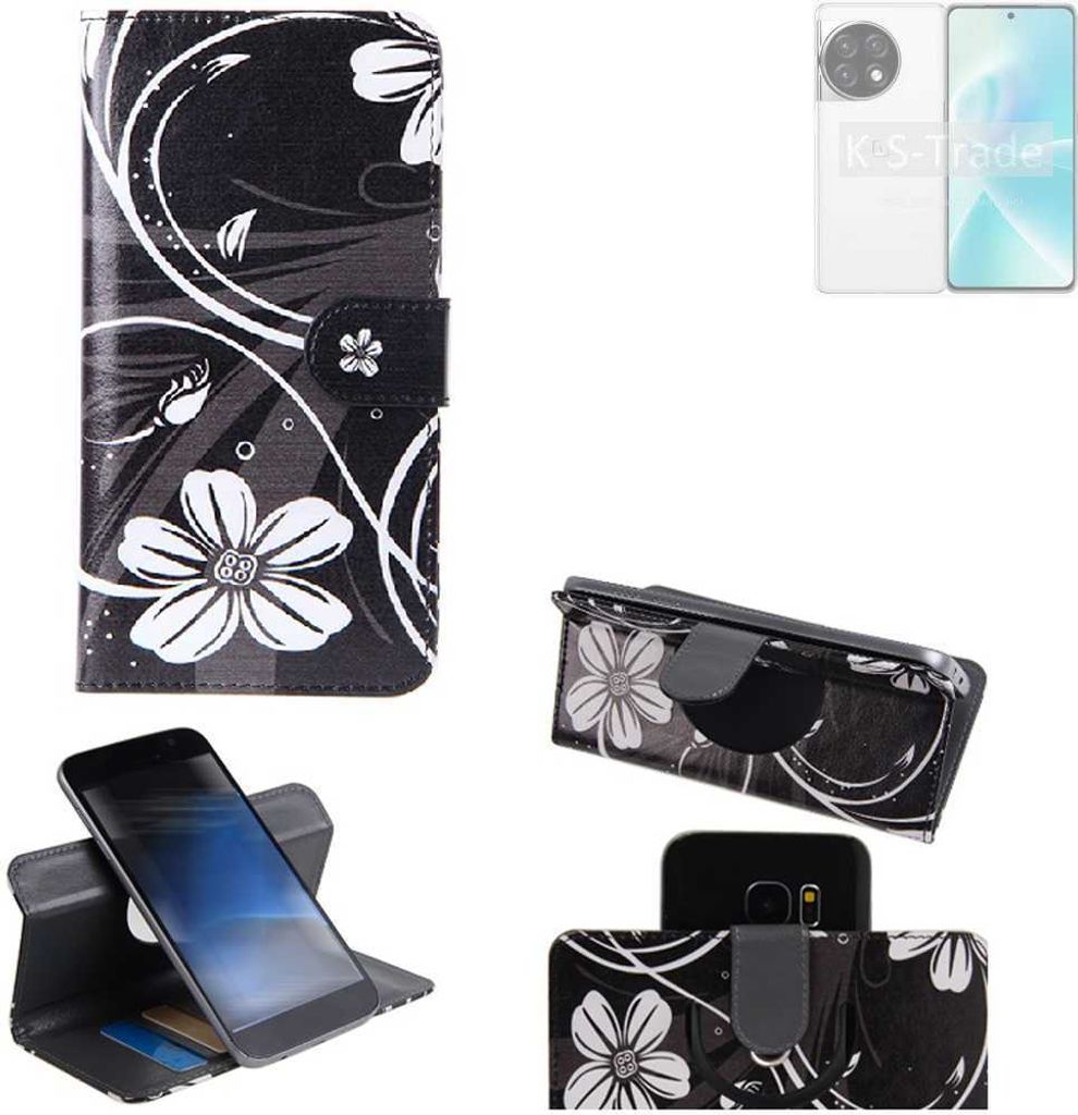 K-S-Trade Schutzhülle Handyhülle kompatibel mit OnePlus 12R Hülle 360° Wallet Case “Flowers“ Klapphülle Hülle schwarz-weiß 1x