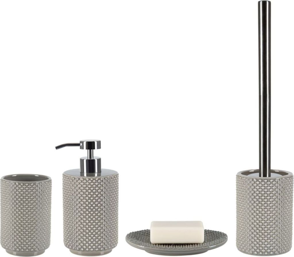 spirella Badezimmer Set, 4-teiliges Badzubehör aus Steinzeug Mero, Seifenspender, WC Bürste, Seifenschale und Zahnputzbecher Taupe