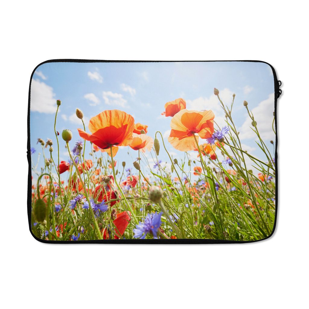 MuchoWow Laptop Hülle 14 ZollBlumen - Mohn - Frühling - Natur - Rot - Blau Laptoptasche - Laptoptasche - Stoßsicher - Schutzhaube