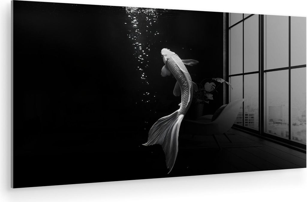 MuchoWow Glasbilder - Bilder auf Wandbild - Foto auf Glas Koi - Fisch - Weiß - Schwarz 120x60 cm Wanddekoration aus Glas - Acrylglasbild - Acrylbi...