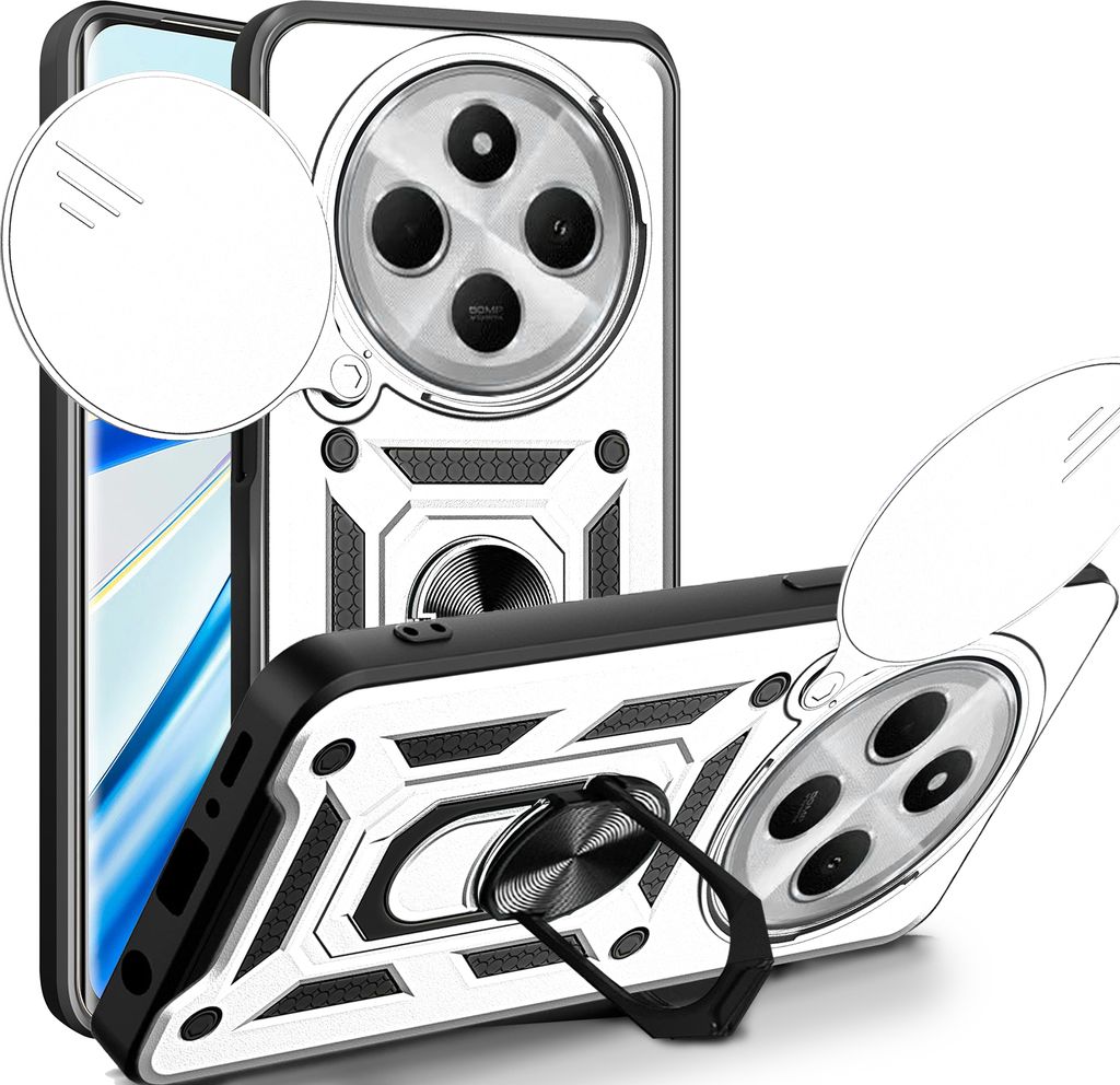 A silver and black phone case with a ring holder is shown from multiple angles, with a close-up inset highlighting the camera protection.