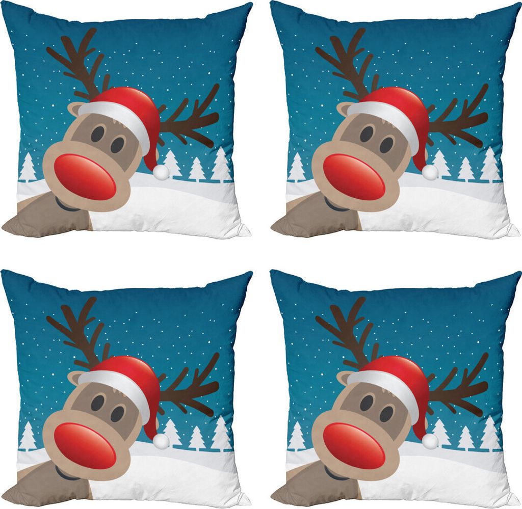 ABAKUHAUS Weihnachten Kissenbezug Set (4 Stück), Noel Fun Nursery Cartoon, Moderner Doppelseitiger Digitaldruck, 45 cm x 45 cm, Red Brown Navy