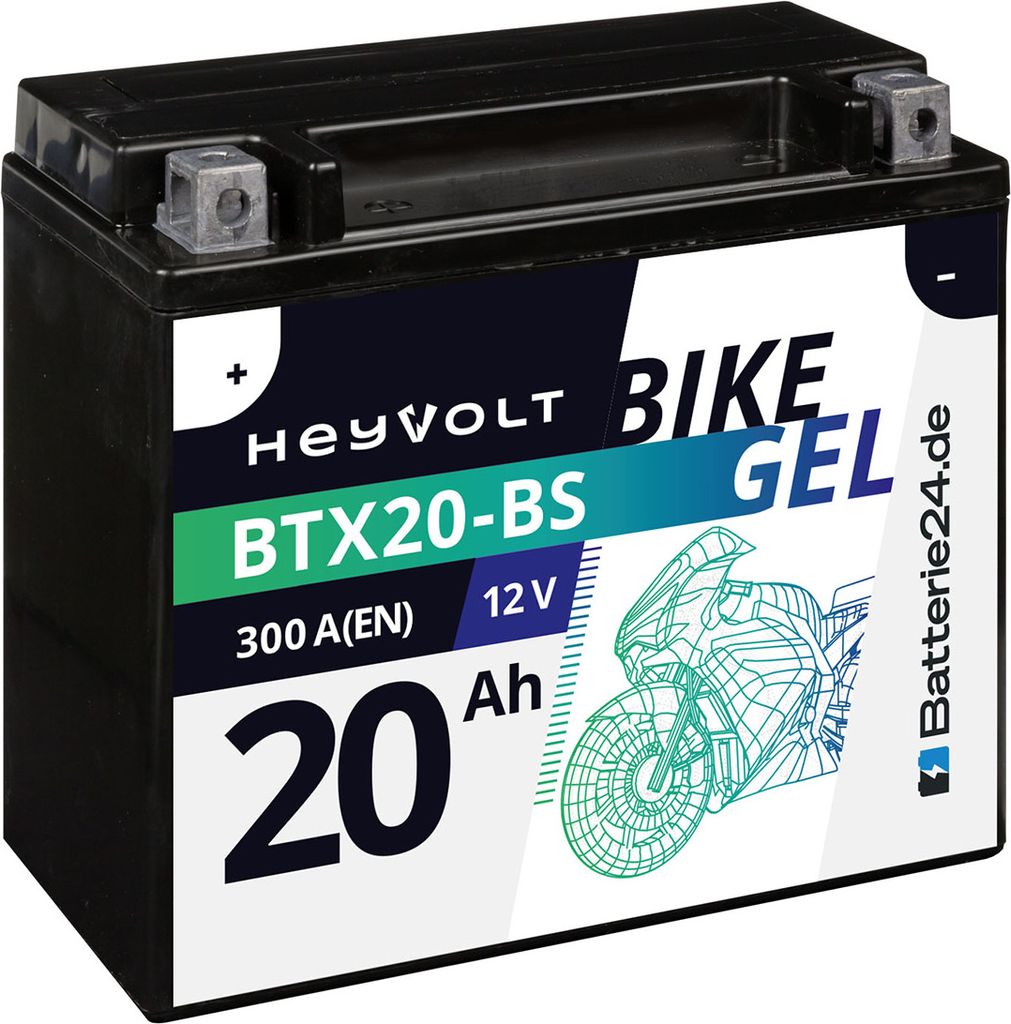 HeyVolt Motorradbatterie GEL 82001 BTX20-BS ersetzt YTX20-BS 12V 20Ah