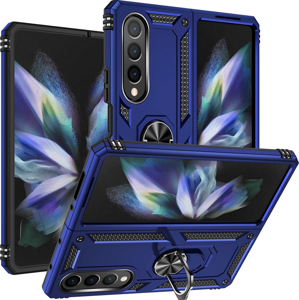 Samsung Galaxy Z Fold4 Hülle, Dual Layer Militäre Fallschutz Schutzhülle mit Ringhalterung Ständer für Samsung Galaxy Z Fold 4 5G Blau