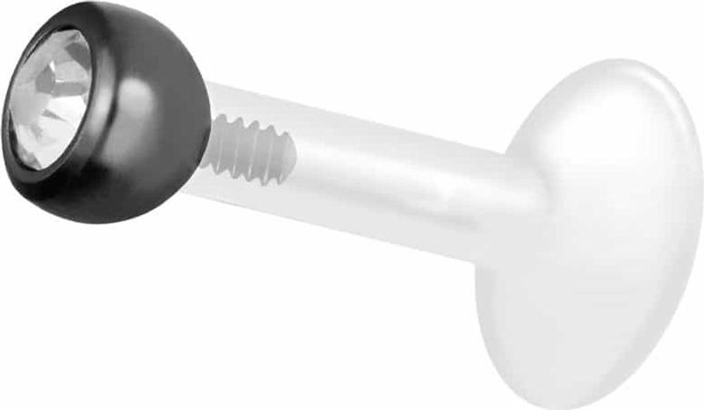 Ohrpiercing, Nasenpiercing PTFE Labret mit Innengewinde + Titan-Aufsatz KRISTALL Schwarz Stablänge: 6mm + Stabstärke: 1,6mm + Kugelgröße: 3mm