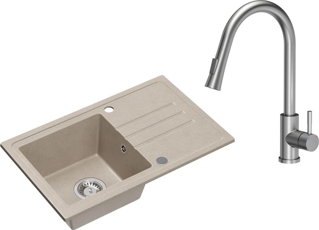 VBChome Spülbecken Granit Beige mit Armatur 70 x 44 cm Einzelbecken Einbauspüle Gesprenkelt Reversibel Granitspüle Siphon Waschbecken Armatur In...