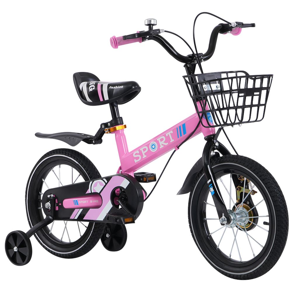 14 Zoll Kinderfahrrad,Fahrrad Kinderrad mit Stützräder und Korb für ab 2-5 Jahre,Tretfahrrad Fahrrad für Schulung Outdoor Reiten (Rosa)