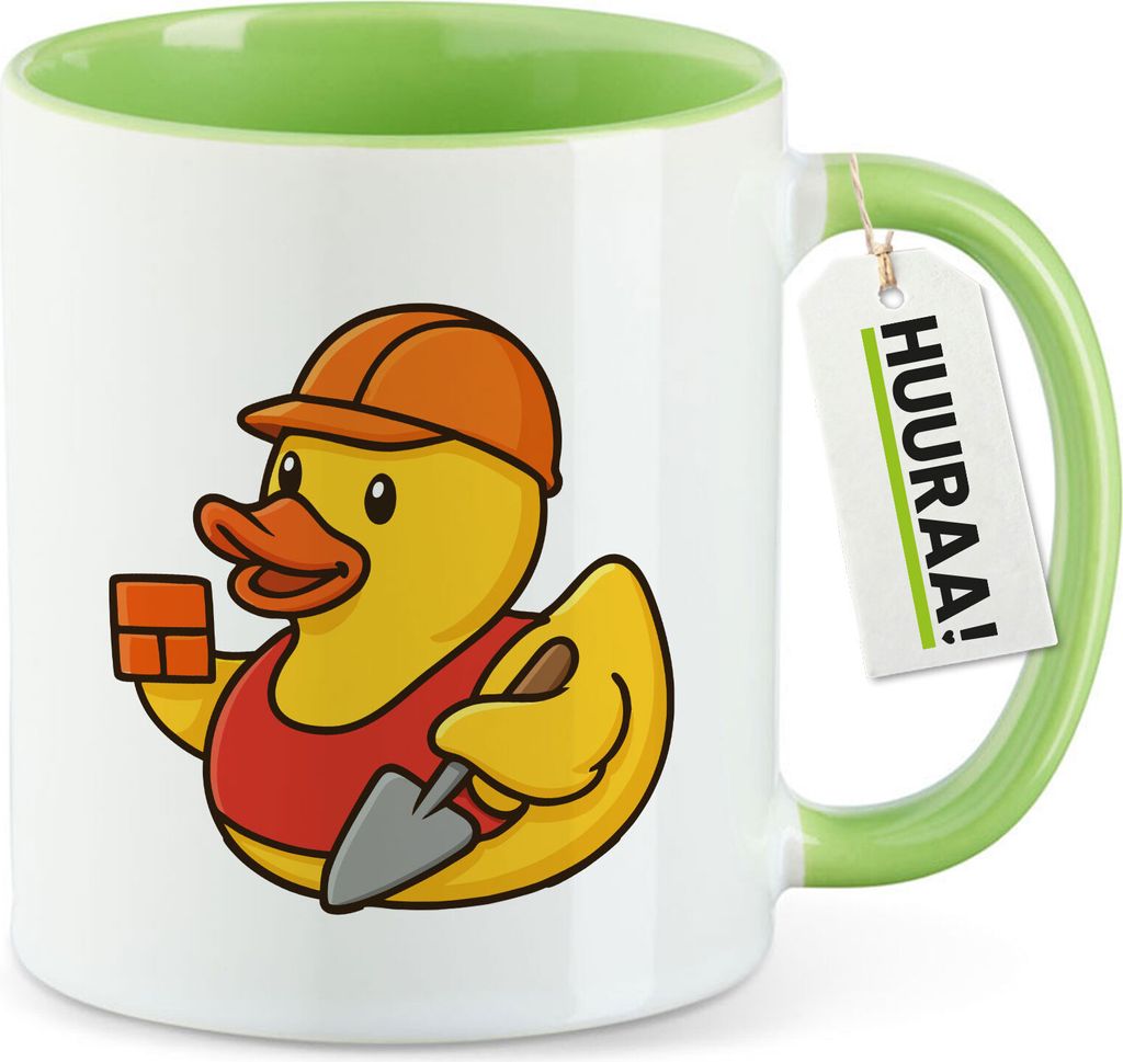 Huuraa Kaffeetasse Quietscheente Maurer Gummiente Bauarbeiter 330ml Grün Keramik Kaffeebecher Geschenkidee