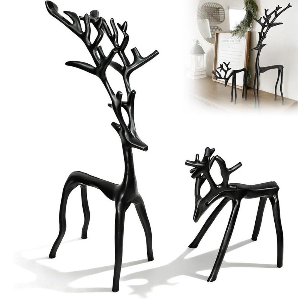 Rentier Deko Figuren 2er Set Schwarz Metall Weihnachtsdekoration mit abstraktem Design für Wohnzimmer Kamin Regal