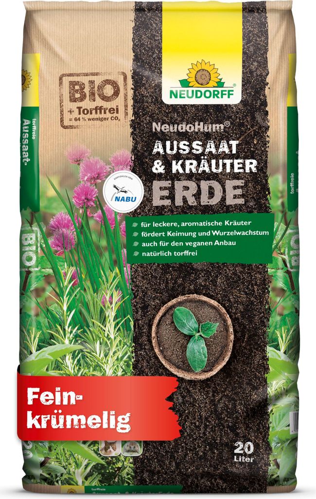 A bag of Neudorff NeudoHum potting soil for seeds and herbs.